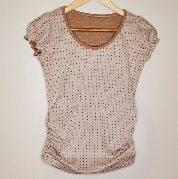 Beige Patterned Dotty Print Top with Ruffled Cap Sleeves - Picture 8 of 9